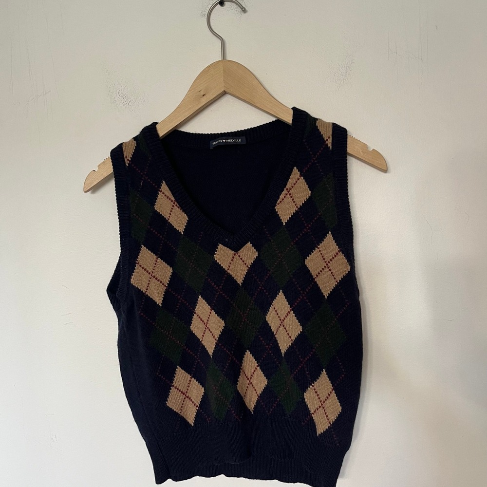 Brandy Melville Navy Blue Argyle Wool Cashmere Blend V-Neck Sweater Vest Italy
